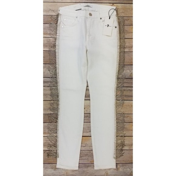 7 For All Mankind Mid Rise Ankle Super Skinny Jeans With Fringe 24x26 White B84 - Picture 1 of 9